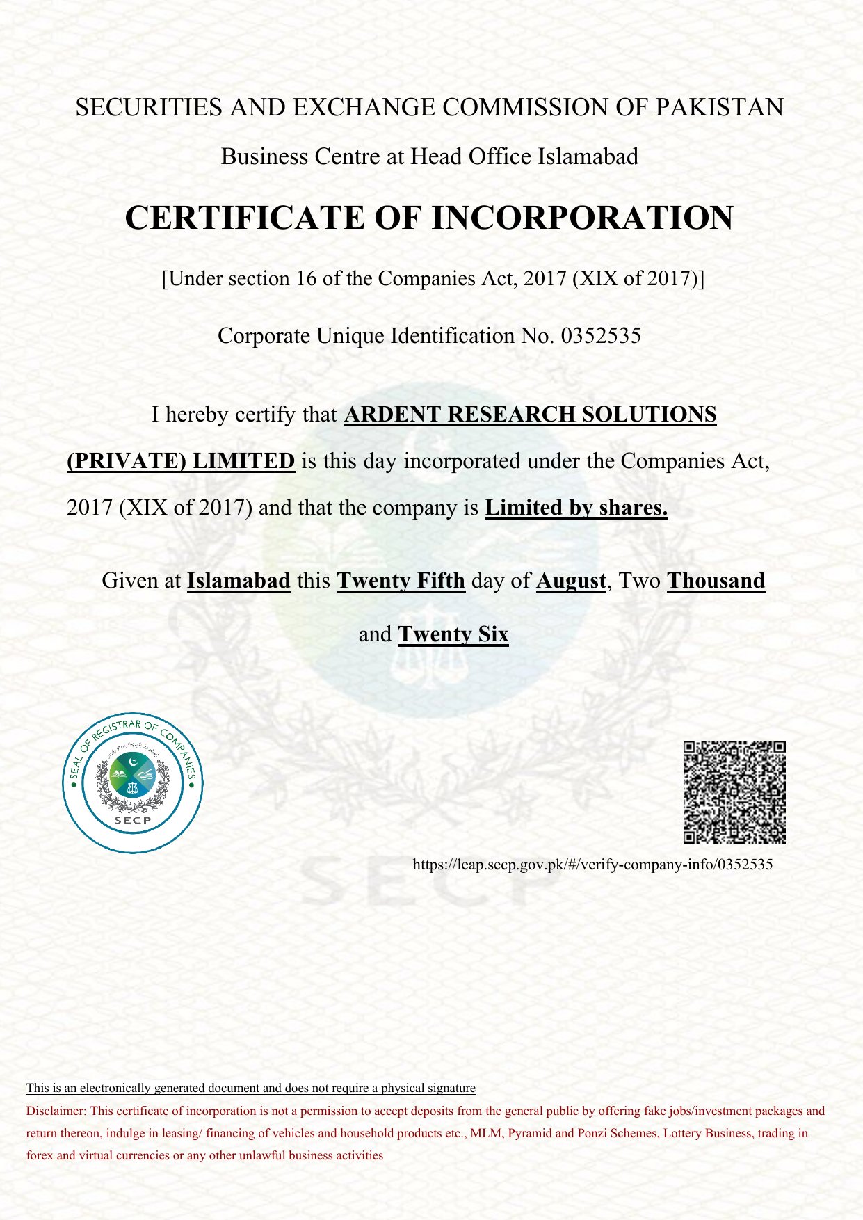 Certificate of Incorporation of Ardent Research Solutions (Private) Limited, CUIN 0352535, issued by the Securities and Exchange Commission of Pakistan at Islamabad on 25 August 2026